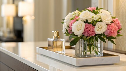 Obraz premium Bright Entry Console Styled With Fresh Flowers And Perfume Tray, Showcasing Elegant Minimalist Interior Design, Natural Light, Soft Neutral Tones, And Sophisticated Contemporary Home Aesthetic