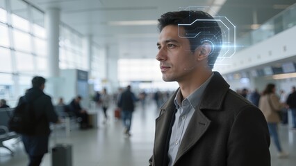 Man in airport with digital overlay