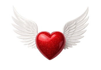 Red sparkle heart with white angel wings Valentine's Day romantic love symbol, isolated on a transparent background