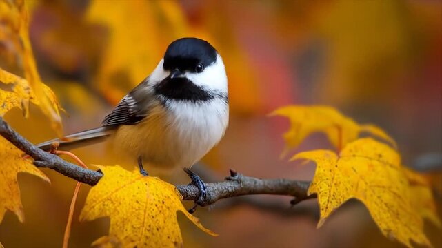 Black capped chickadee perched on a branch amidst autumn leaves