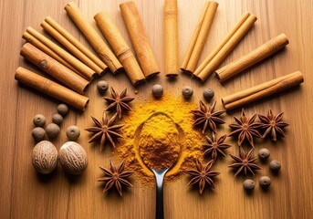 Turmeric Powder with Cinnamon Sticks and Spices on Wooden Table