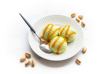 Pistachio Ice Cream Scoops with Caramel Sauce on White Plate