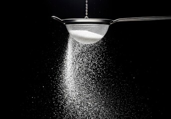 Sugar Pouring from Spoon into Black Background, Fine Powder Texture, Culinary Concept