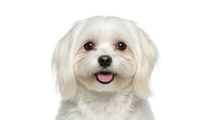 Obraz premium Fluffy white Maltese puppy with dark brown eyes and pink tongue, looking directly at camera, Isolated on transparent background, png