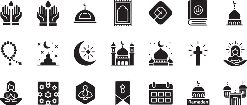 Professional Muslim Devotion Tools, Prayer Mat and Mosque Navigation Icons Collection