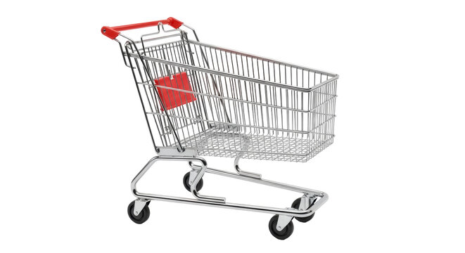 Metal shopping cart PNG isolated on transparent background, grocery trolley for retail and supermarket use