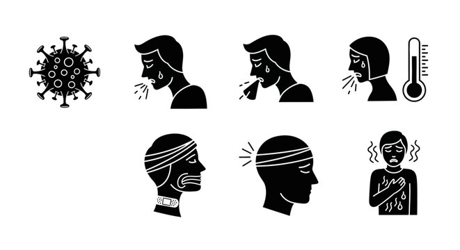 Coronavirus symptoms depicted as black silhouette icons cough fever and headache