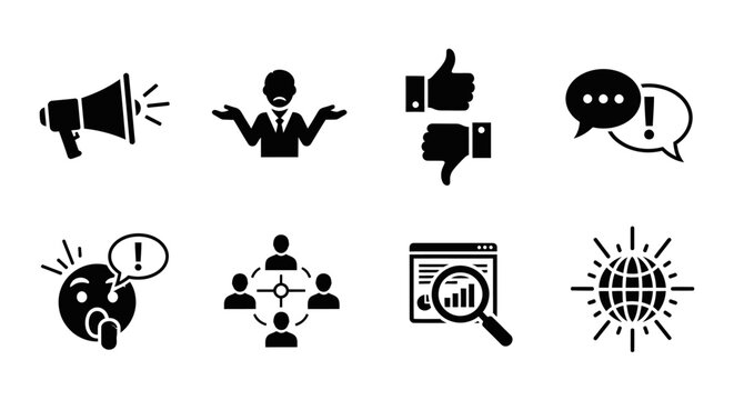 Black silhouette icons depicting communication feedback and global networking