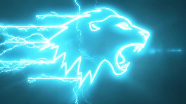 A glowing neon lion head with electric streaks against a black background