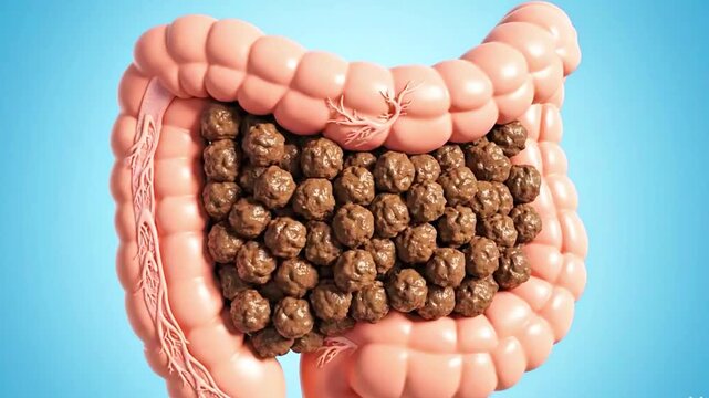 A video showcasing a detailed illustration of the human digestive system with feces