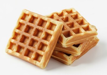 Stack of Golden Brown Waffles on White Background, Breakfast Food