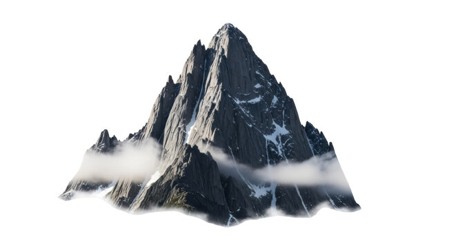 Majestic mountain peak with snow isolated PNG, rocky mountain range on transparent background for travel and adventure designs