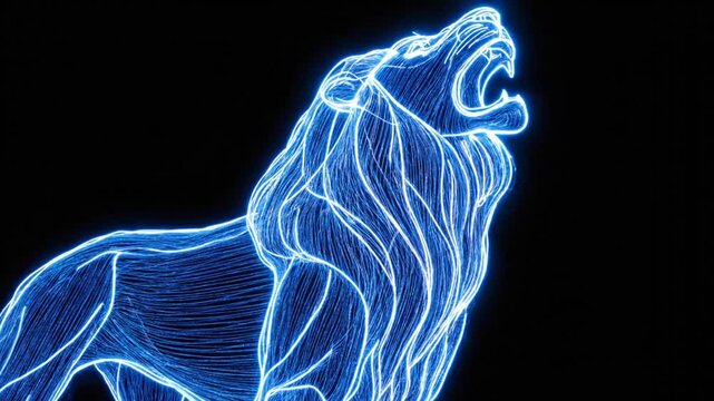 Neon blue line art of a roaring lion against a dark black background