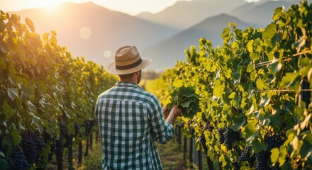 Fototapeta premium Agricultural worker examines ripening fruit clusters among rows of cultivated grapevines during bright sunrise