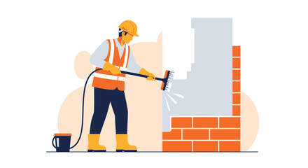 Construction worker cleaning brick wall with power washer tool.