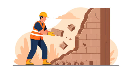 Construction worker demolishing brick wall with hammer.