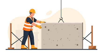 Construction worker guiding large concrete panel being lifted by crane.