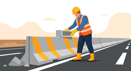 Construction worker installing concrete barrier on highway road.