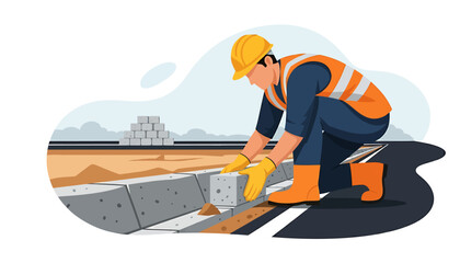 Construction worker installing concrete curbs on a road.