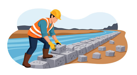 Construction worker laying concrete blocks for river bank protection.