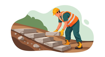 Construction worker laying paving stones for a new pathway.