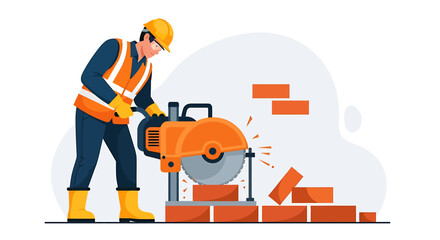 Construction worker operating a circular saw cutting bricks.