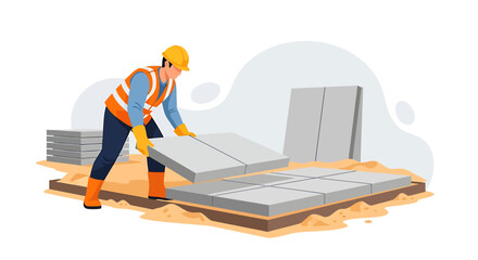 Construction worker laying concrete slabs on a building site.