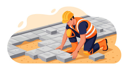 Construction worker laying paving stones on a sandy surface.