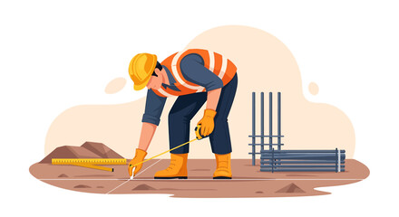 Construction worker measuring site with tape measure safety vest hard hat.