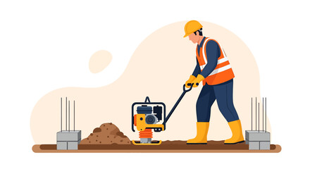 Construction worker operating a plate compactor on a building site.