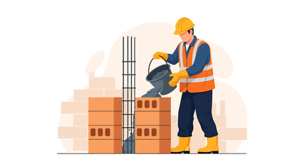 Construction worker pouring cement into brick wall structure.