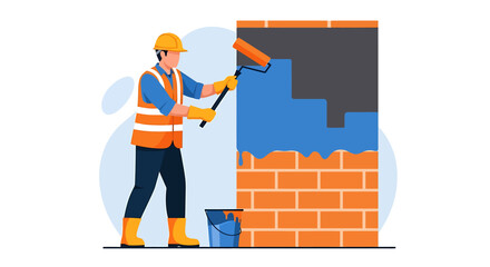 Construction worker painting a brick wall with a roller.