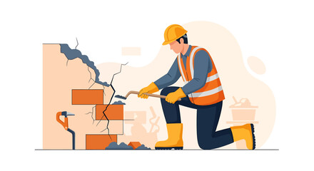 Construction worker repairing a damaged brick wall with tools.