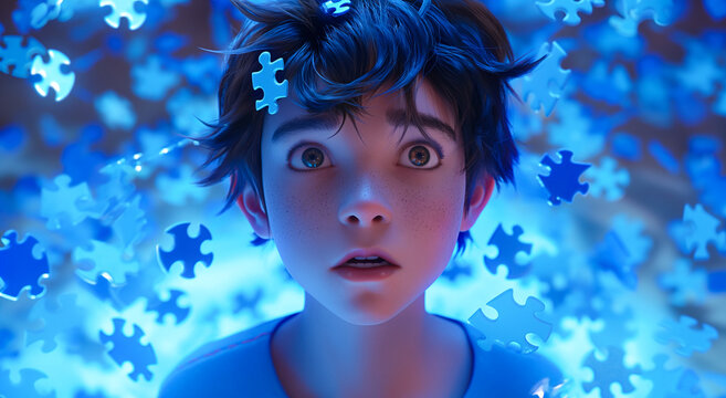 Curious boy surrounded by puzzle pieces