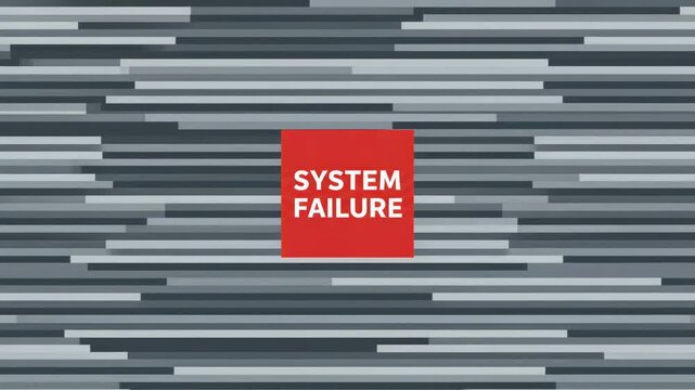 Animated system failure message appearing on a screen with digital glitch noise, representing a computer error, a technical issue, a system breakdown, or a corrupted signal on a monitor