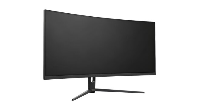 Curved gaming monitor isolated PNG on transparent background, sleek black display for immersive visuals and high-performance gaming setups