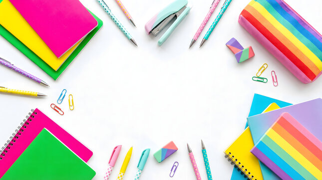 Back to school concept background featuring a colorful array of sekolah pendidikan stationery like pensil, buku catatan, and krayon to spark kreativitas through various alat tulis objects