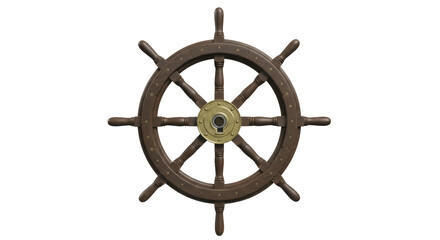 Obraz premium Vintage wooden ship wheel isolated PNG, nautical steering helm for marine navigation and maritime decoration on transparent background