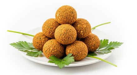 Fresh organic falafel balls stacked on white plate with parsley garnish healthy food