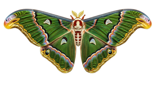 Atlas moth or Attacus atlas with emerald green, gold, and red wings, isolated on transparent background, png