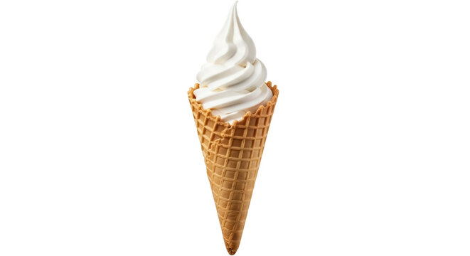 Vanilla soft serve ice cream in waffle cone isolated PNG, sweet dessert treat on transparent background for summer and food concepts