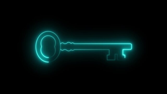 Glowing neon line Key icon isolated on black background. security privacy password protection safety animated. Neon blue key Animation on Black Background. 4K Video motion graphic.