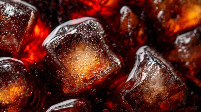 Close-up of refreshing cola drink with ice cubes in glass, fizzy beverage with sparkling bubbles, cold soft drink, summer refreshment, sparkling liquid, condensation and chilled drinking concept