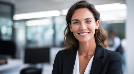Fototapeta premium Self assured confident businesswoman in modern corporate office interior genuine smiling professional portrait at workspace successful corporate career success representation