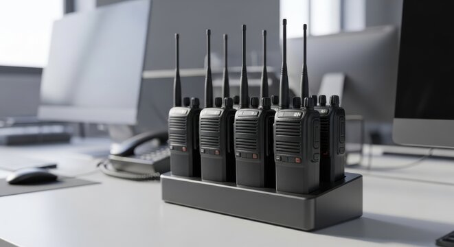 Row of professional handheld radios in a charging base on a white corporate workplace desk