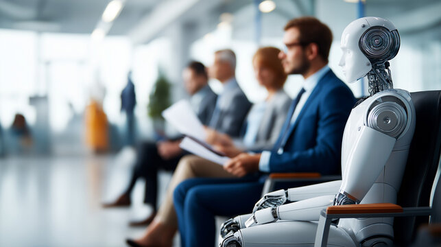 Futuristic scene of business professionals and humanoid robot sitting in interview queue innovative AI recruitment concept showing future evolution of employment with automation