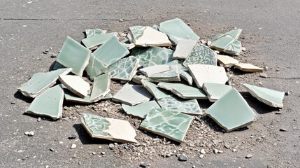 A pile of broken green ceramic tiles scattered on the ground
