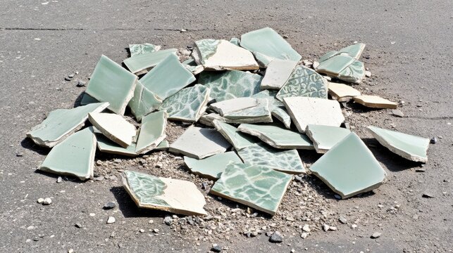 A pile of broken green ceramic tiles scattered on the ground