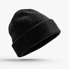 Black wool winter beanie hat isolated on white background with design space