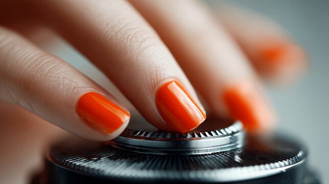 Close-up view of a hand with bright orange nails turning a vintage camera dial, highlighting the camera's metallic texture and design elements
